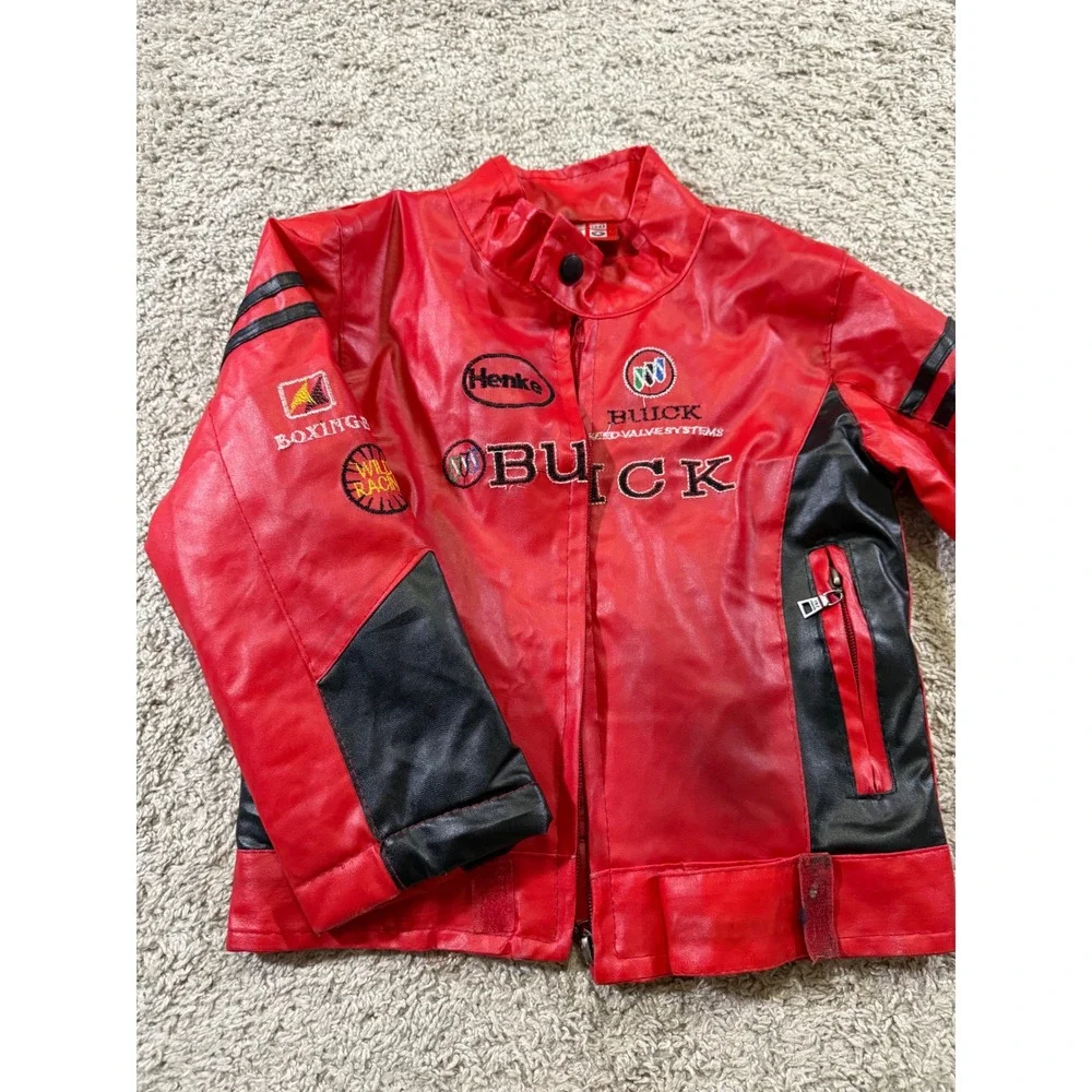 Buick Racing Jacket‎ Kids Red Black Moto Biker Faux Leather Patch Vintage S/M